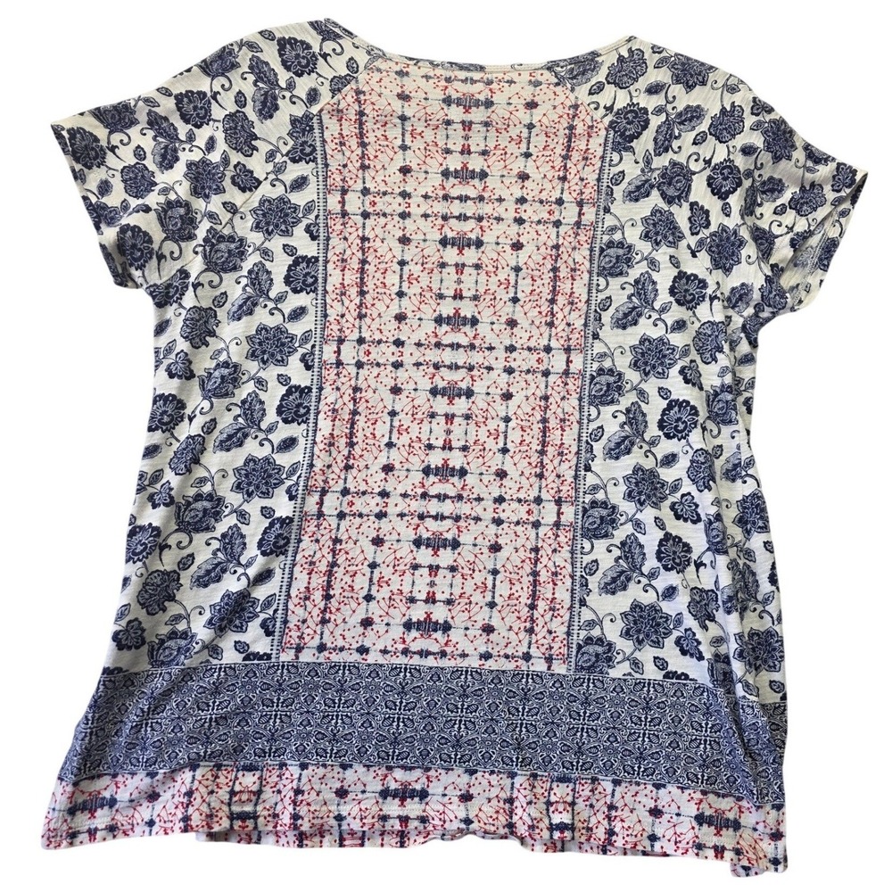 Lucky Brand Womens Mixed Floral Boho Print Split V-Neck Top Navy Red Size M‎ - Picture 2 of 10